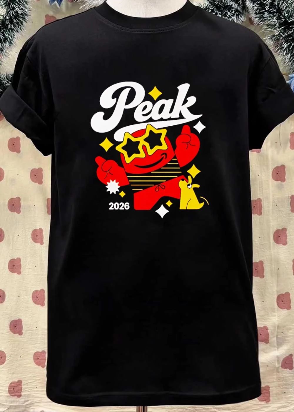 Peak 2026 Red Character with Star Glasses and Dog T-Shirt