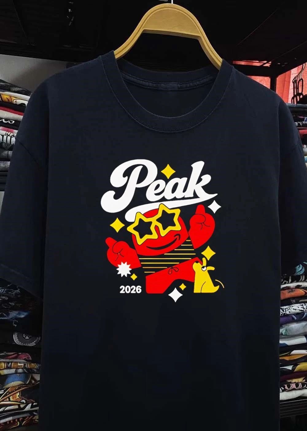 Peak 2026 Red Character with Star Glasses and Dog T-Shirt