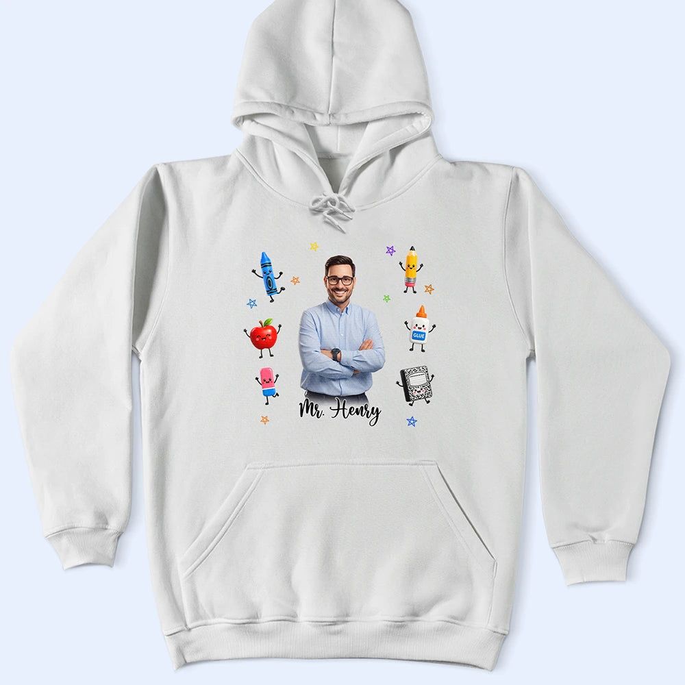 Custom Photo Cartoon Portrait Teacher With Happy School Supplies - Personalized T Shirt