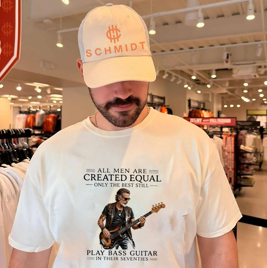 All men are created equal only the best still play bass guitar in their seventies shirt