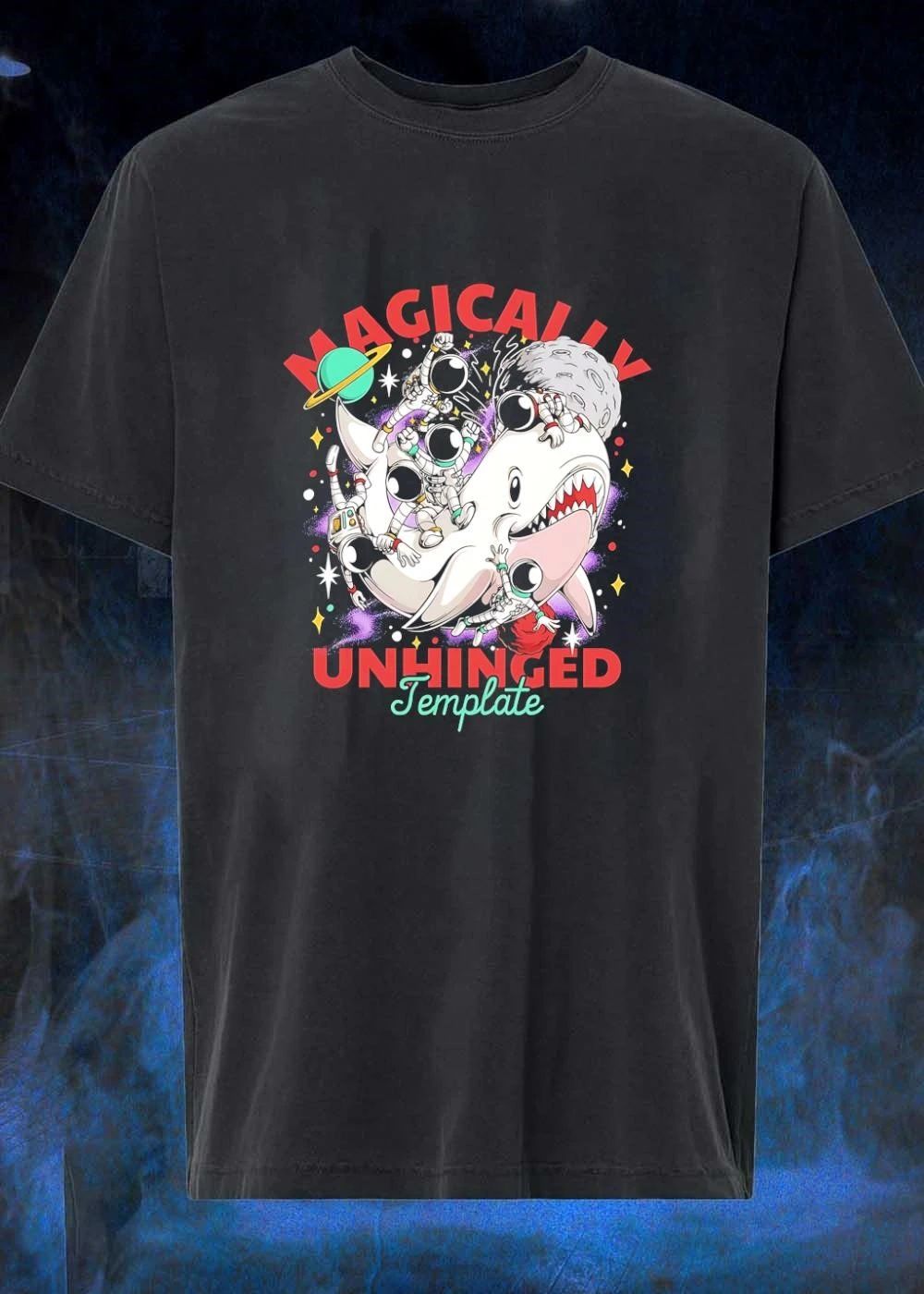 Astronauts Riding Space Shark Magically Unhinged Template T-Shirt