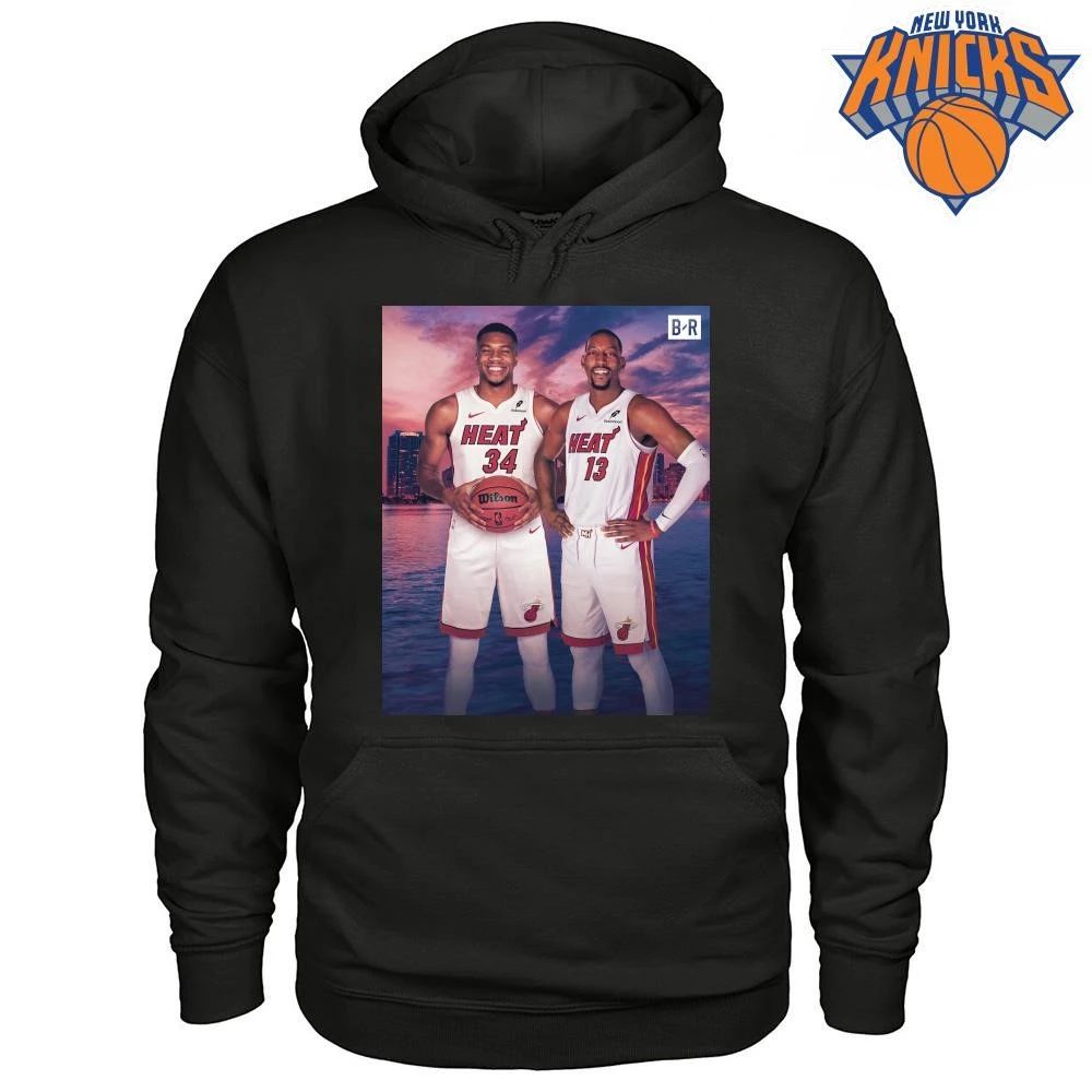 Giannis Antetokounmpo and Bam Adebayo Miami Heat Basketball Duo City Skyline Sunset Shirt