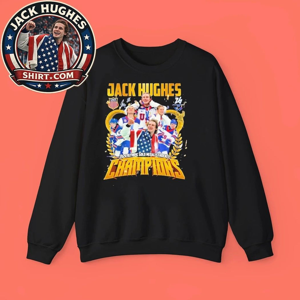 Jack Hughes 2026 Olympic Gold Medalist Hockey Champions T-Signature And Logo Shirt