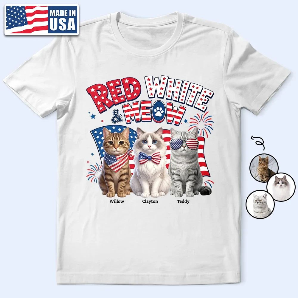 Custom Photo 3D Cartoon With US Accessories Red White Meow - Personalized T Shirt
