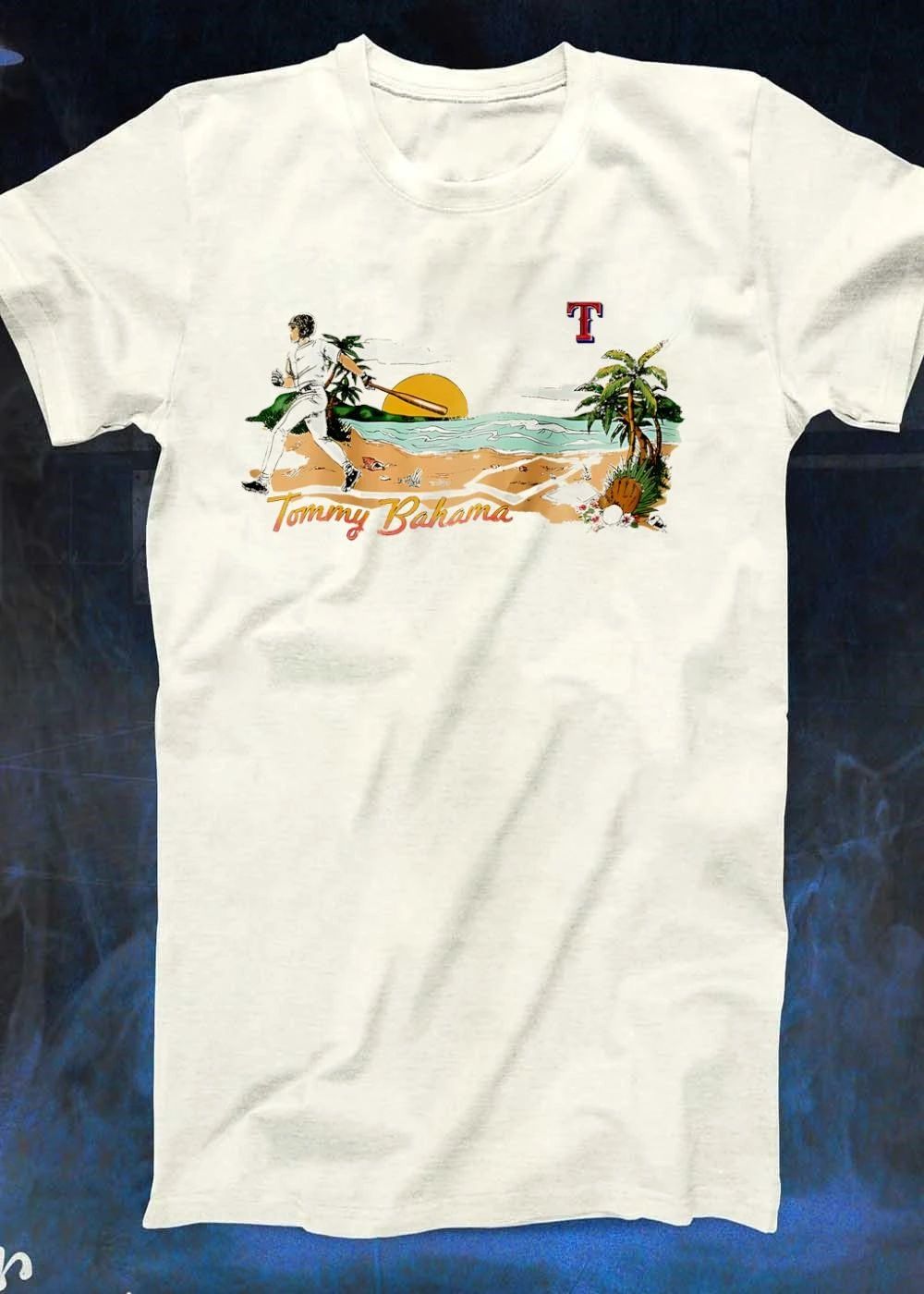 Tommy Bahama Baseball Player Running on Beach Texas Rangers T-Shirt
