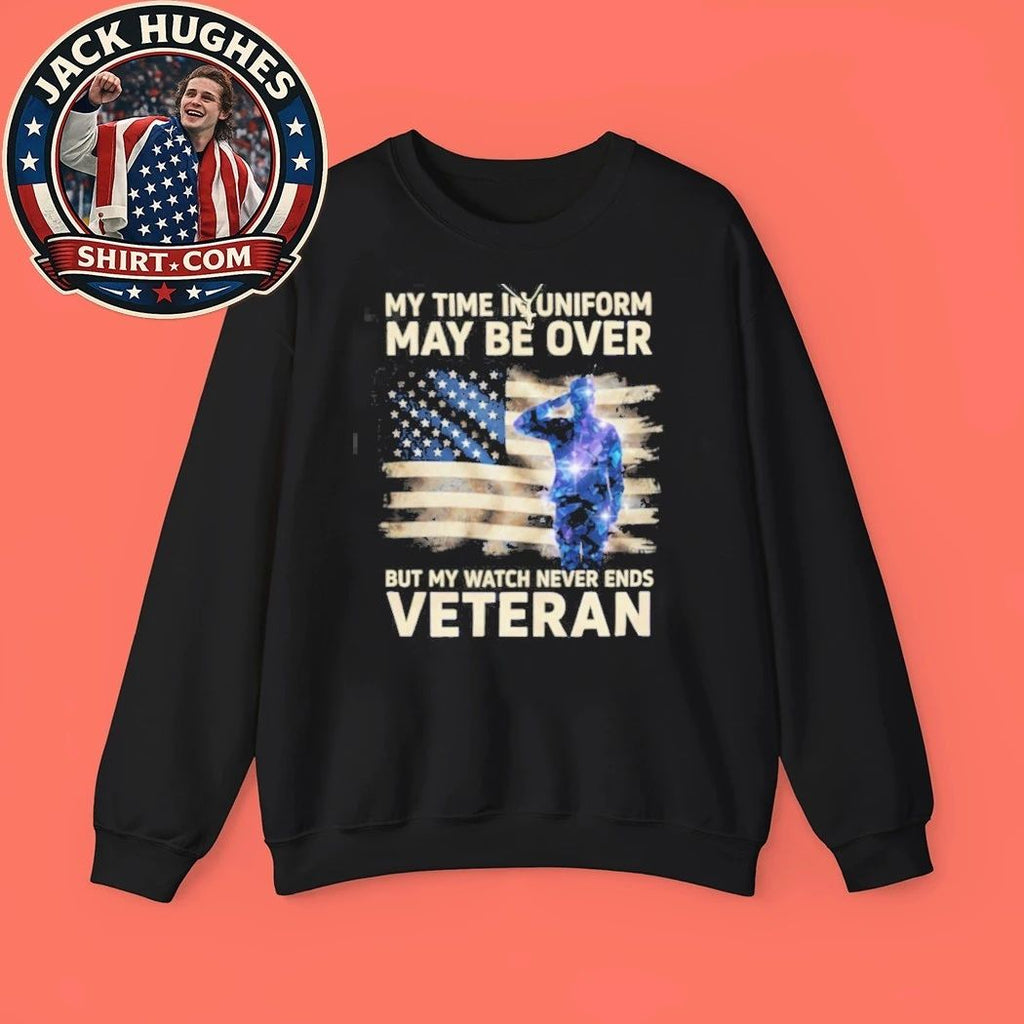 My Watch Never Ends Veteran Saluting Soldier American Flag Shirt