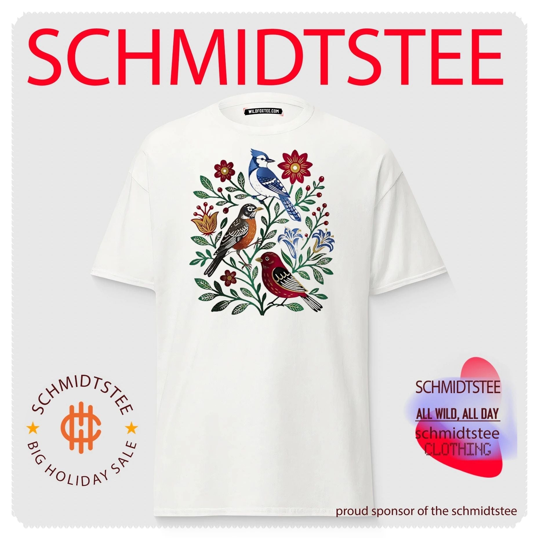 Floral Birdsong Blue Jay Robin and Red Bird shirt
