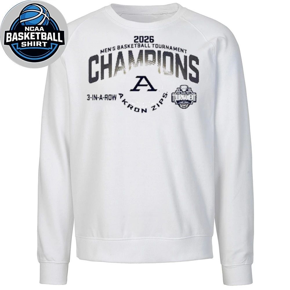 Akron Zips Grey 2026 MAC Men’s Basketball Tournament Champions 3-In-A-Row T-Shirt