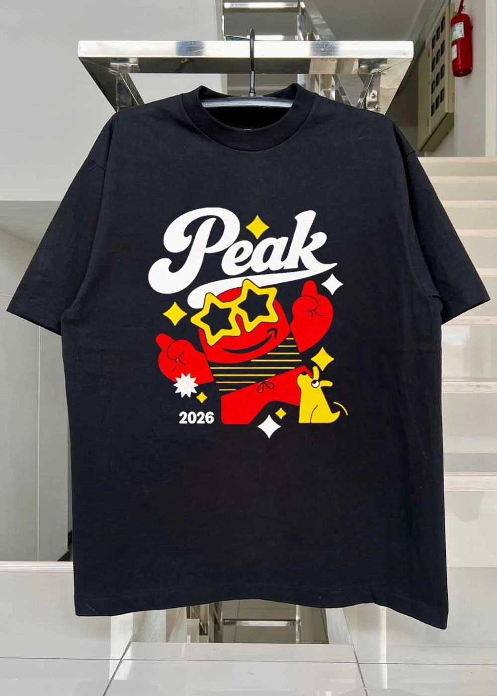 Peak 2026 Red Character with Star Glasses and Dog T-Shirt
