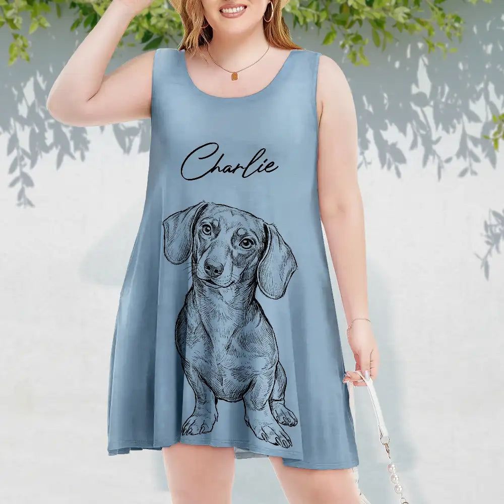 Custom Photo Pencil Sketch Woman Dog Cat Funny Portrait - Personalized Sleeveless Tank Dress