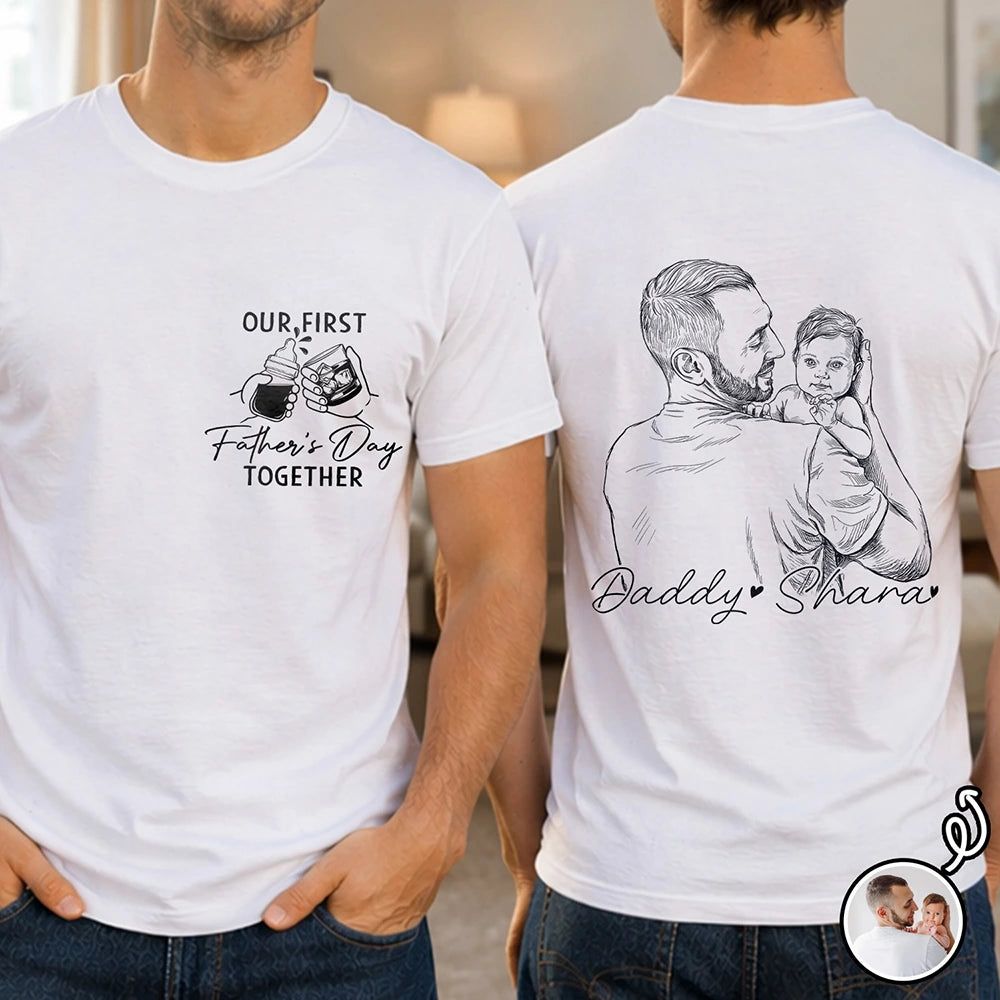 Custom Photo Pencil Sketch Our First Father's Day Together - Personalized T Shirt