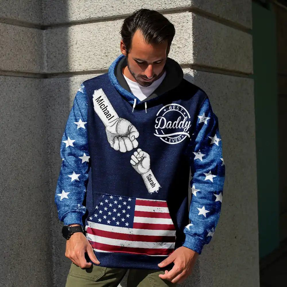 Stars And Stripes Dad Kid Hand Grunge - Personalized Pullover Hoodie