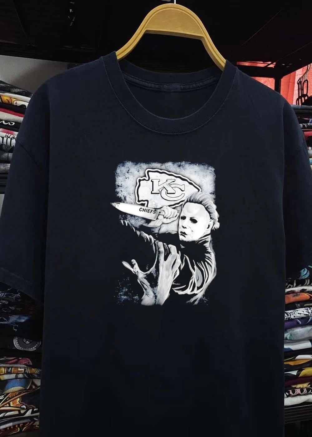 Michael Myers Holding Knife with KC Logo Chiefs shirt
