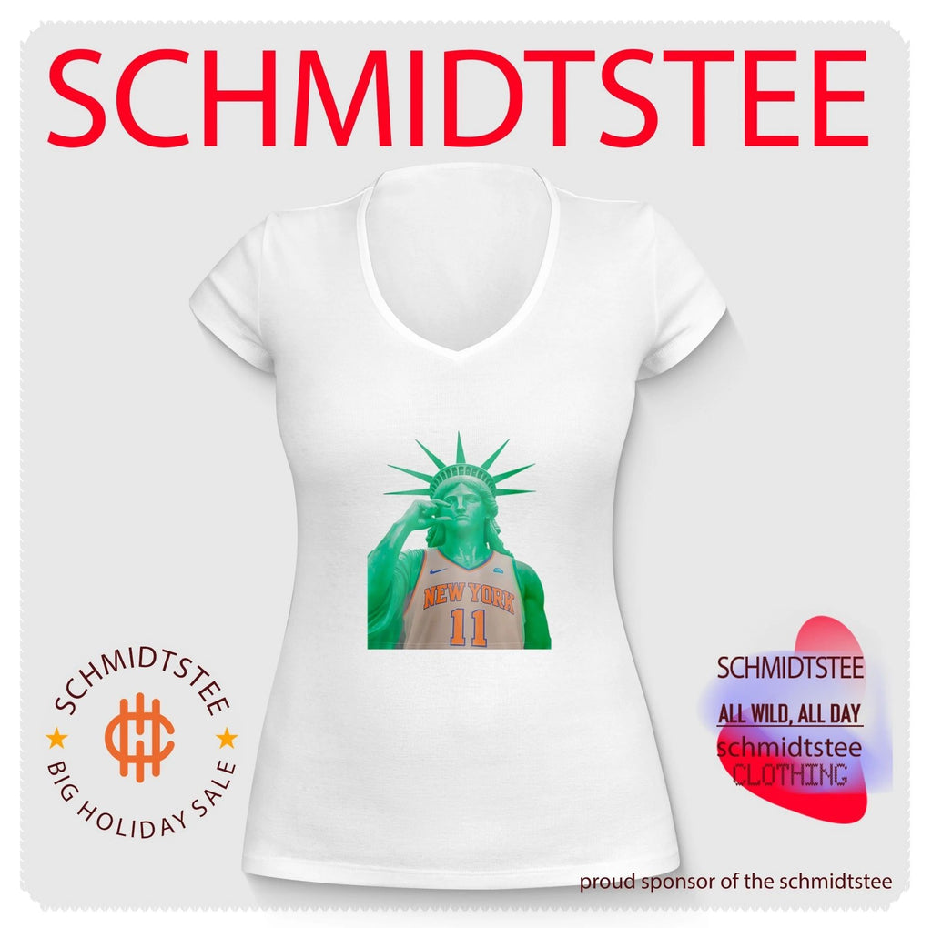 Statue of Liberty wearing NY Knicks jersey too small hand gesture shirt