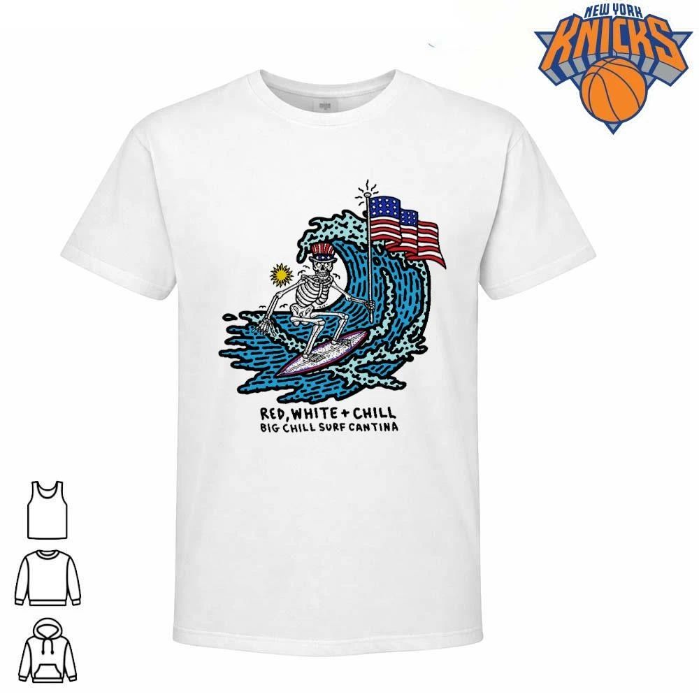 Red White and Chill Skeleton Surfing 4th of July American Flag Surf Cantina shirt