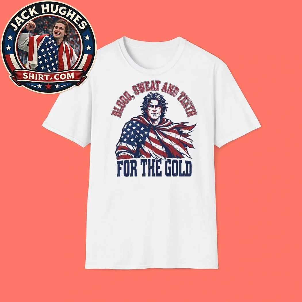 Jack Hughes Bloody Blood Sweat and Teeth for the Gold USA Hockey Olympic Golden Goal Trending T-Shirt