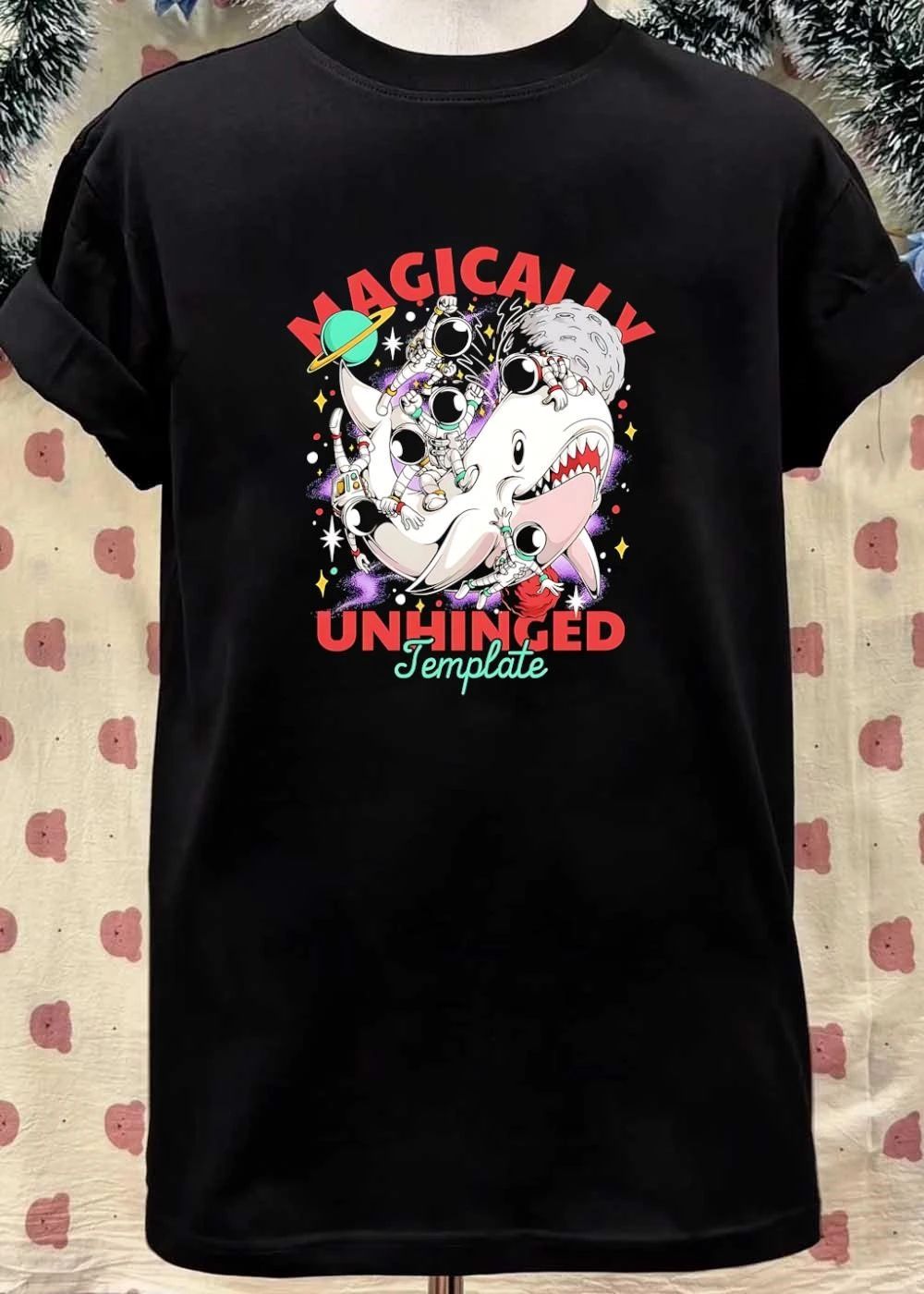 Astronauts Riding Space Shark Magically Unhinged Template T-Shirt