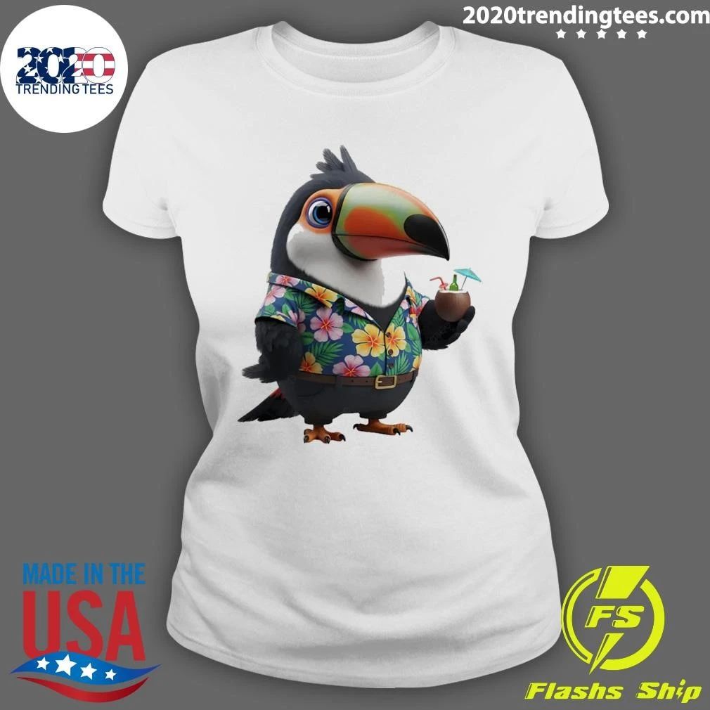 A Cartoon Toucan Dressed In Hawaiian Holding Tropical Drink Coconut Shirt