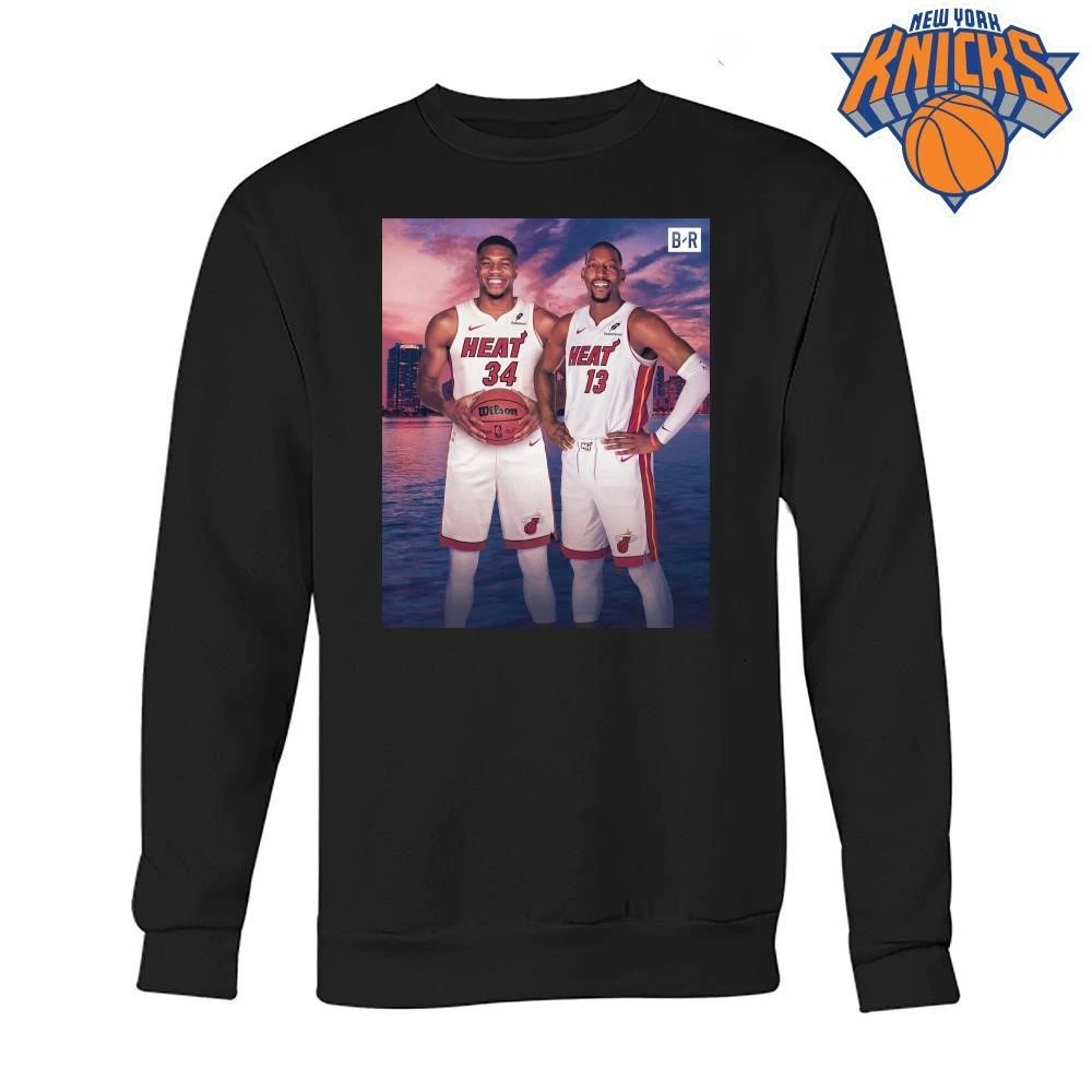 Giannis Antetokounmpo and Bam Adebayo Miami Heat Basketball Duo City Skyline Sunset Shirt