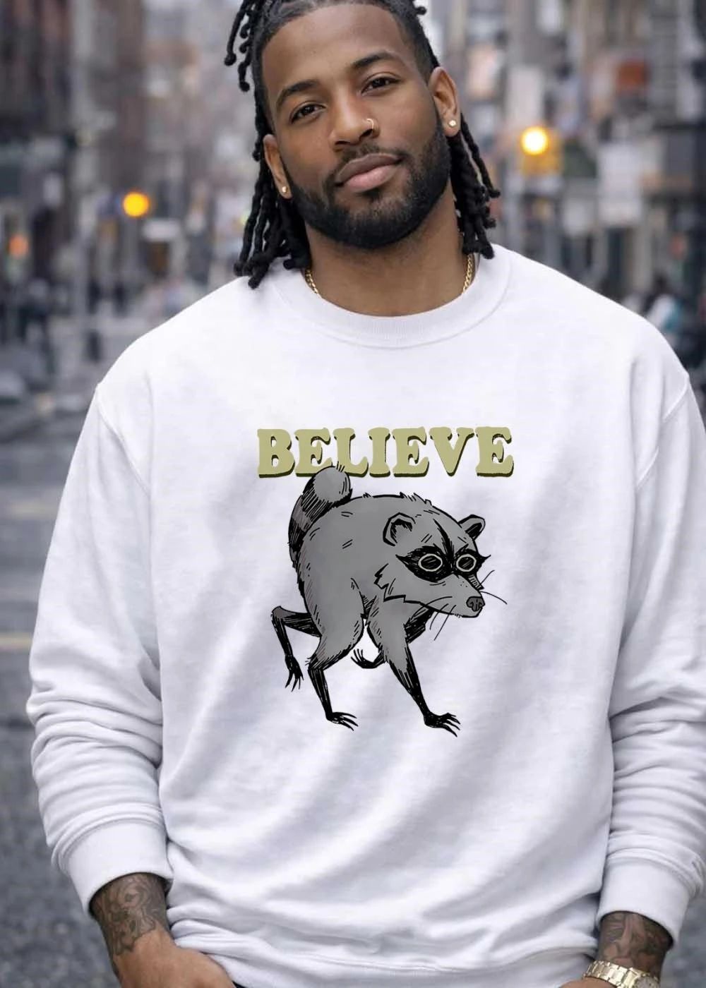 Believe Raccoon Walking Funny Animal Illustration T-Shirt