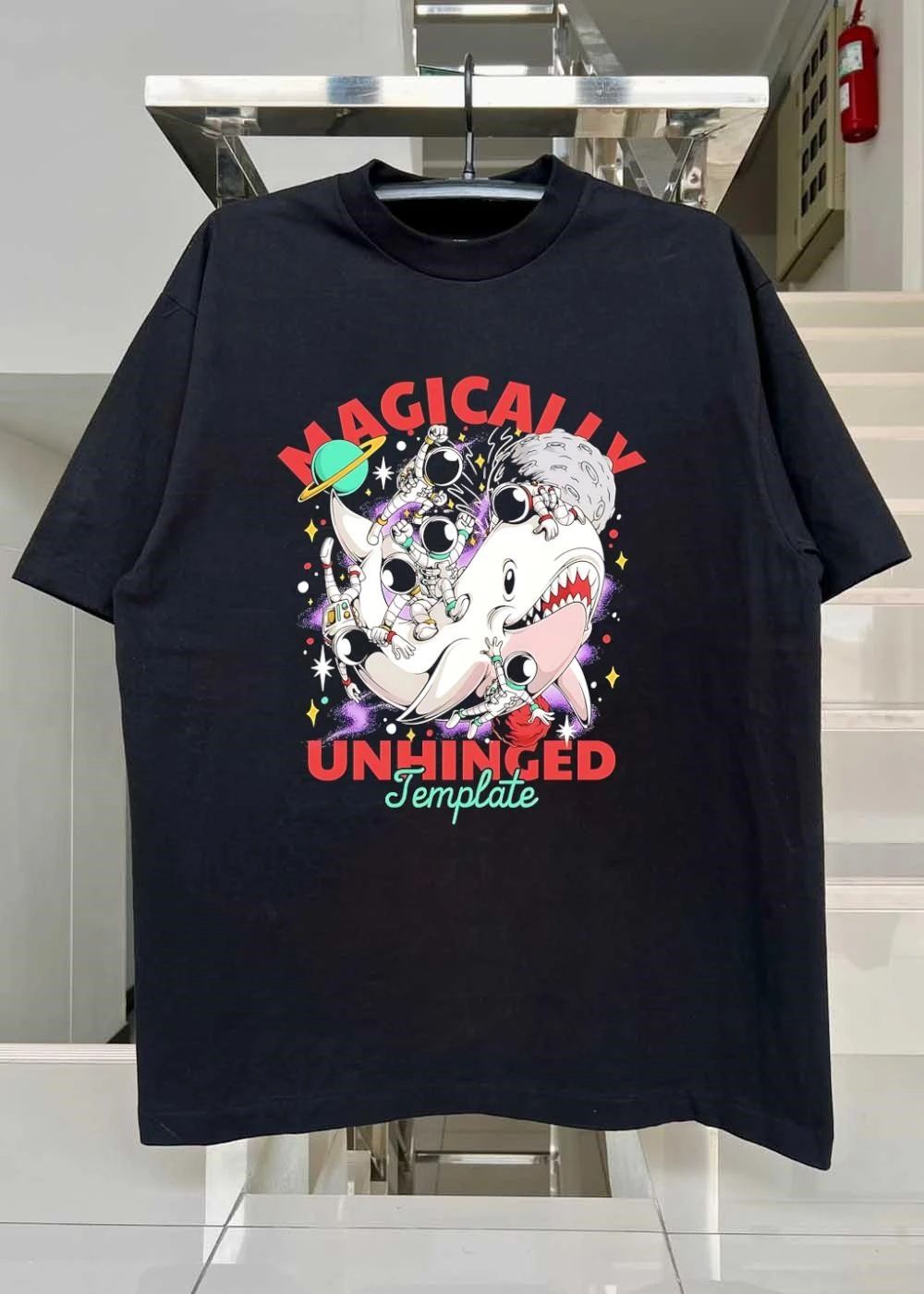 Astronauts Riding Space Shark Magically Unhinged Template T-Shirt