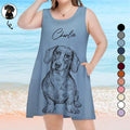 Custom Photo Pencil Sketch Woman Dog Cat Funny Portrait - Personalized Sleeveless Tank Dress
