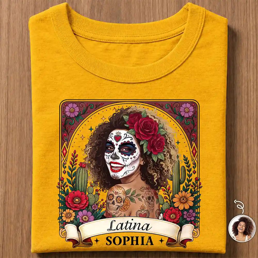 Custom Photo Sugar Skull Day Of The Dead Funny Mexican Hispanic - Personalized T Shirt